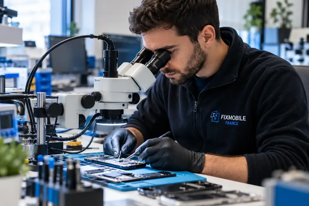 Technicien Fixmobile France réalisant une réparation électronique sous microscope